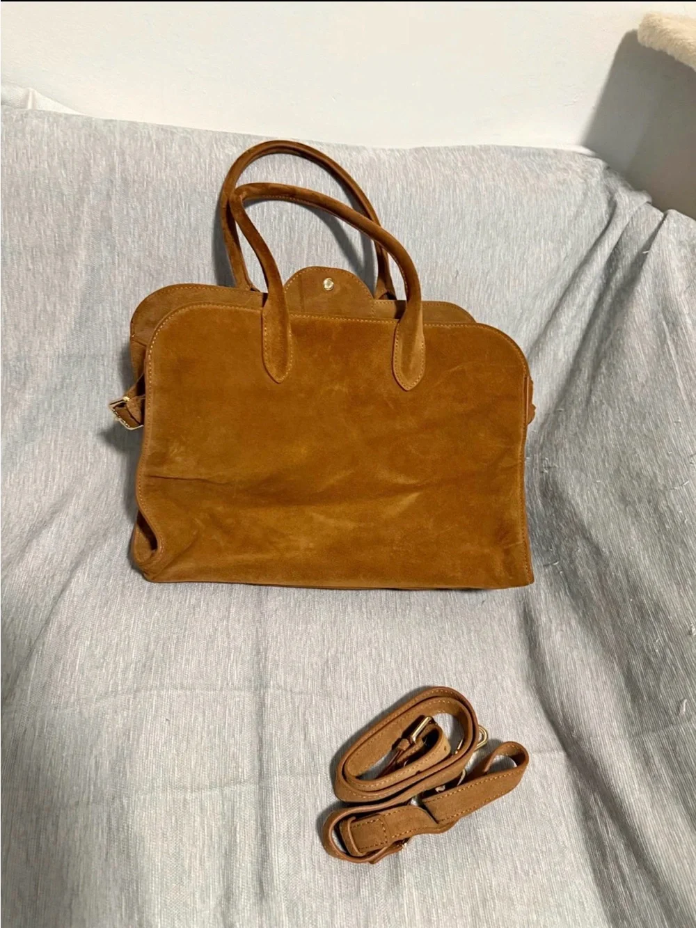 Suede Tote Handbag in Cognac Brown
